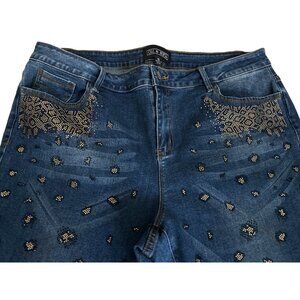 Oli & Sofia Dark Wash Jeans Bead Embellishments Black Gold Size 16